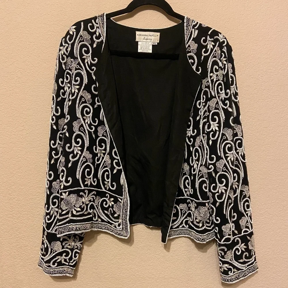 Vintage Adrianna Papell Evening Jacket Womens 100% Silk Black Beaded Formal